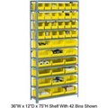 Global Equipment Steel Open Shelving - 21 Yellow Plastic Stacking Bins 6 Shelves - 36x12x39 603243YL